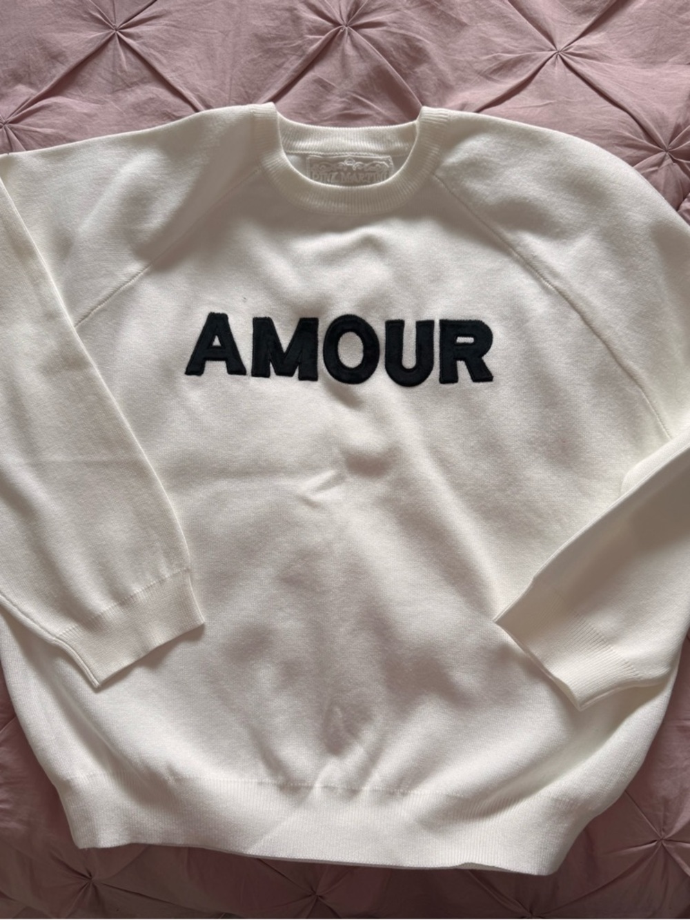 Pink Martini White Sweater with Black "AMOUR" Applique